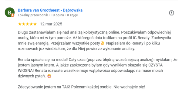 opinia klientki po analizie kolorystycznej online Ukolorowana