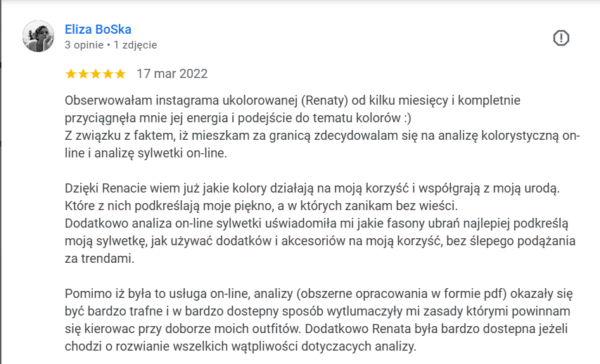 doświadczenie klientki po analizie kolorystycznej online